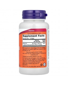 Now Foods, витамин D3, высокоактивный, 25 мкг (1000 МЕ), 180 мягких таблеток